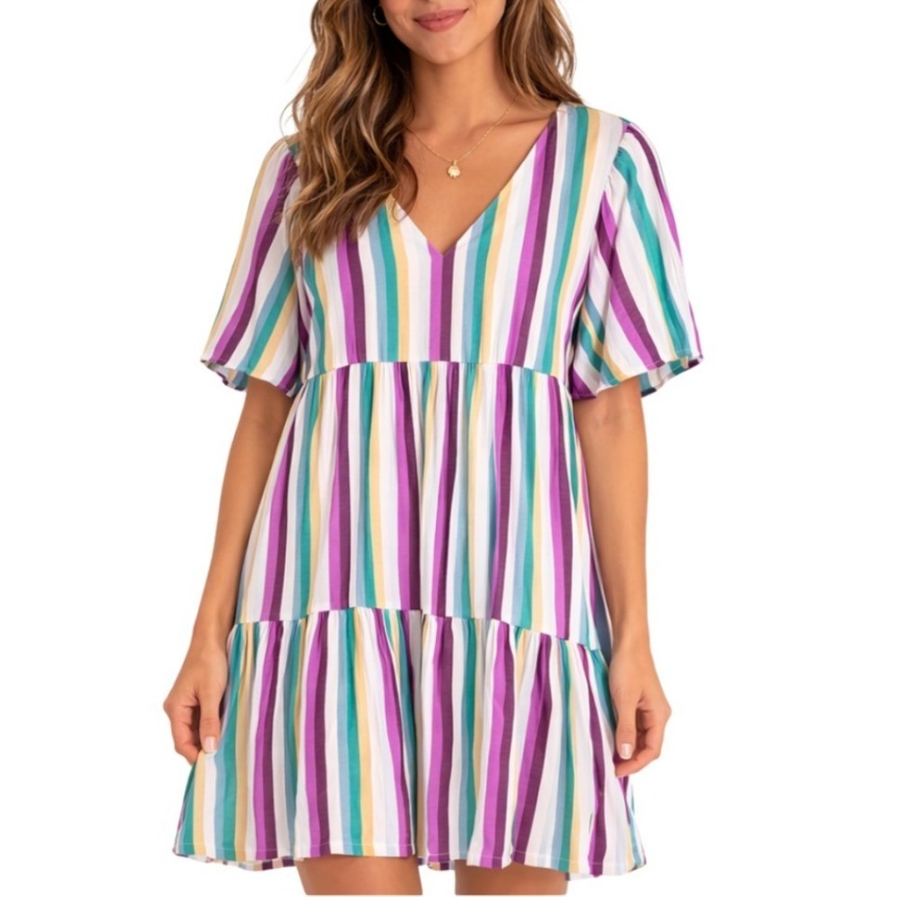Ava & Viv Womens NWT Colorful Striped Smocked Back Tiered Mini Dress Size‎ X